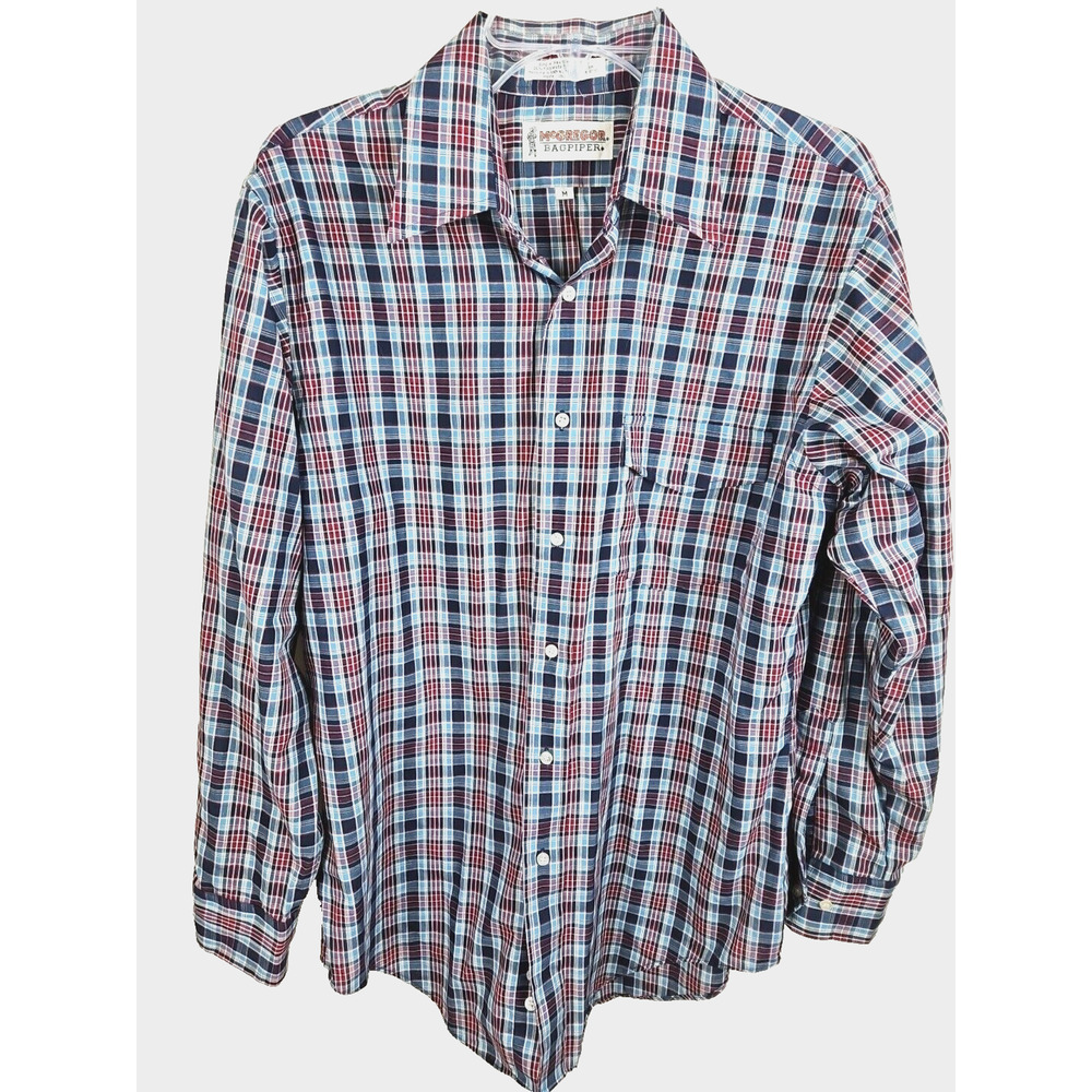 vtg 70s McGregor Bagpiper Shirt Men's Medium Blue red Plaid Vintage flap pocket